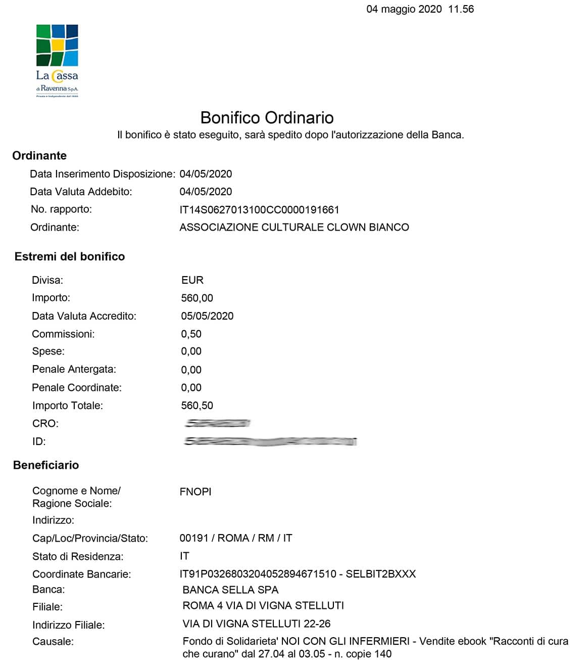 Bonifico 4 maggio